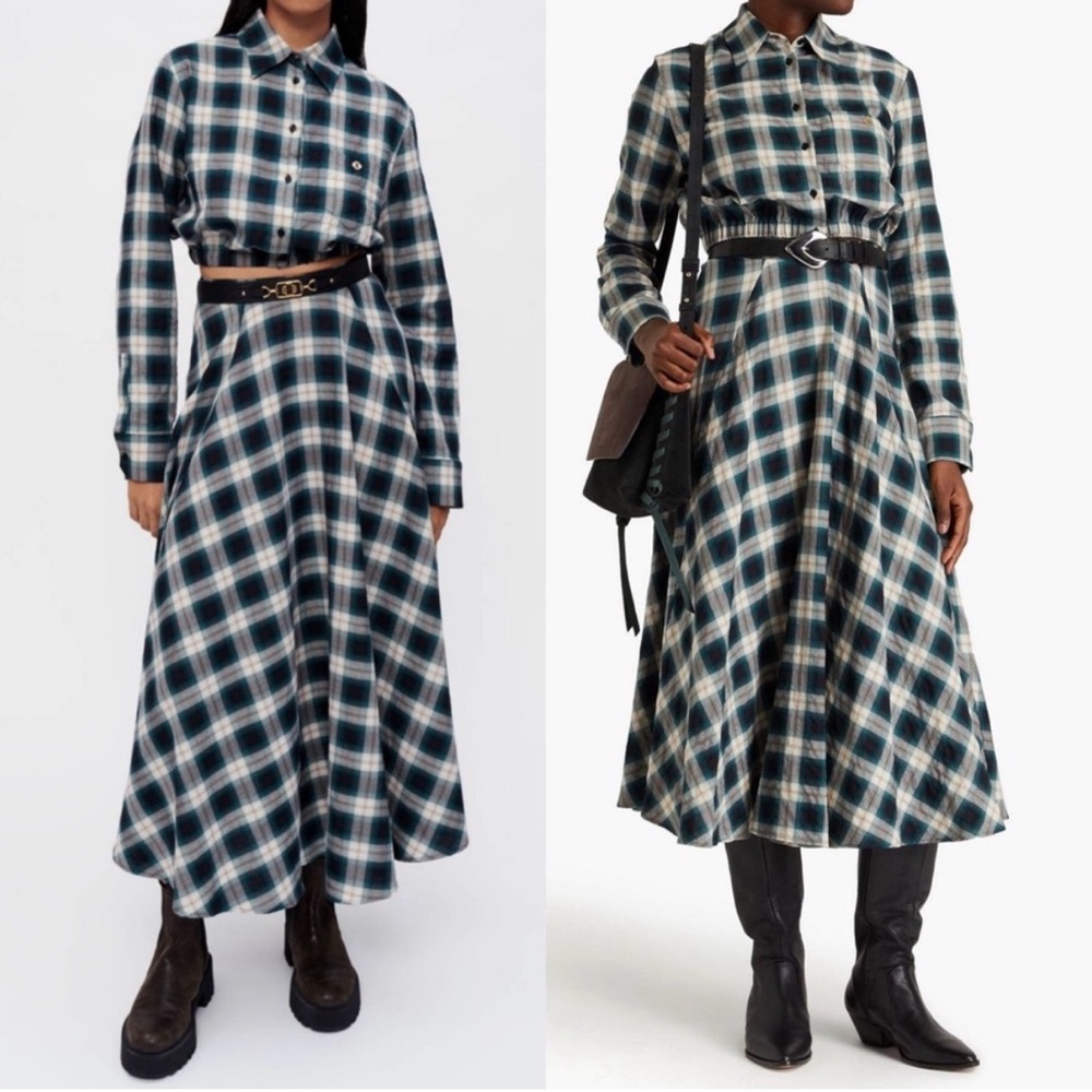 Maje green and white checked cotton skirt